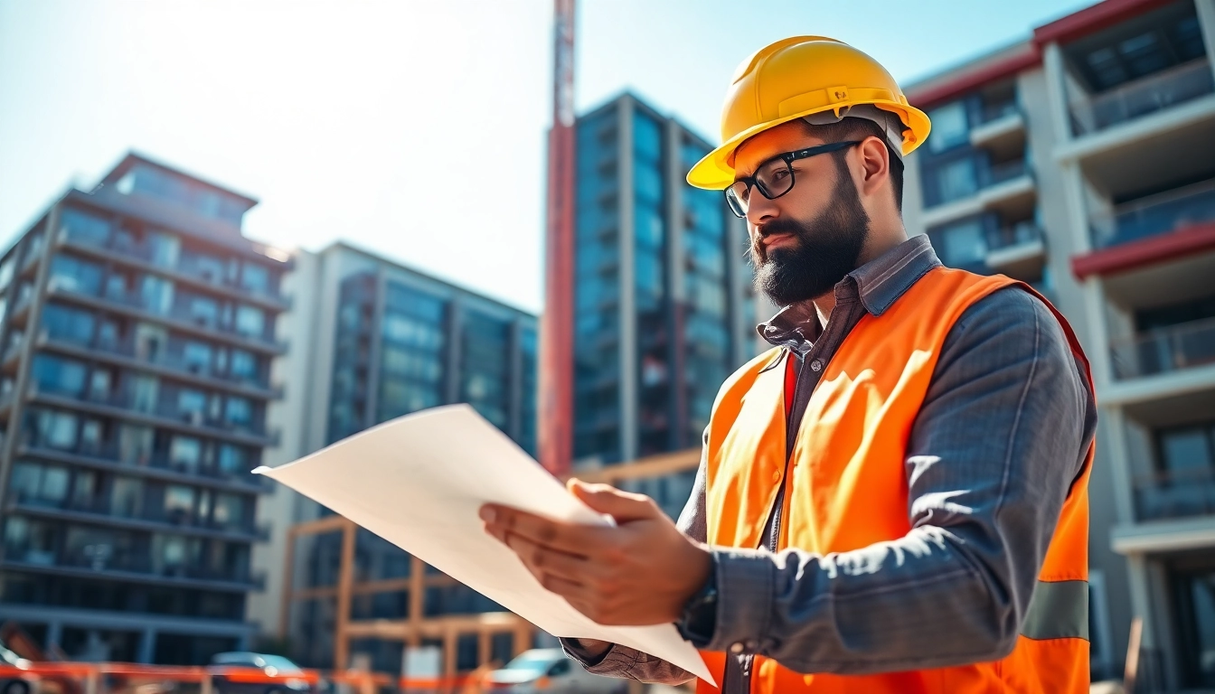 Experienced contractor inspecting blueprints at a construction site to ensure quality and progress.