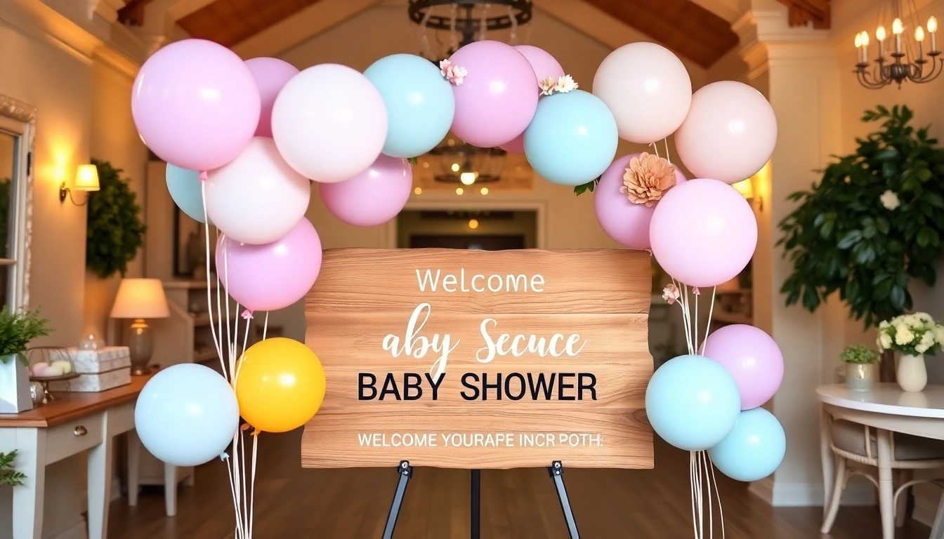 Bright baby shower welcome sign with floral design, greeting guests warmly at a celebration, capturing a festive and inviting atmosphere.