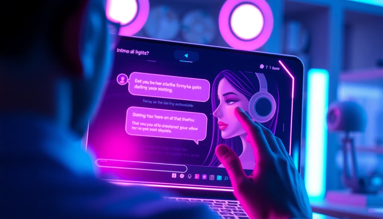 Futuristic AI chat interface with a user engaging with an AI character, glowing neon lights, and a cyberpunk aesthetic.