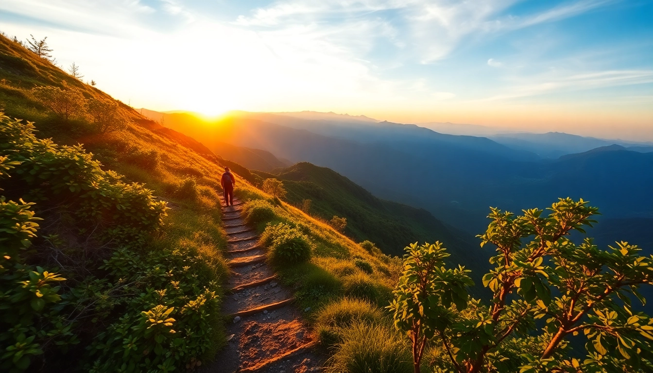 Hiking in Lombok: A scenic trail showcasing lush mountains and clear skies for adventure lovers.