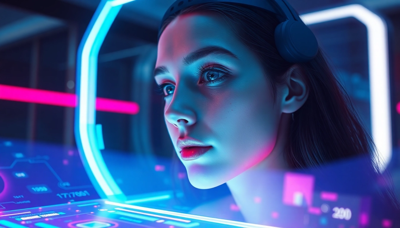 Futuristic digital AI girlfriend interface with vibrant neon lights and immersive holographic display