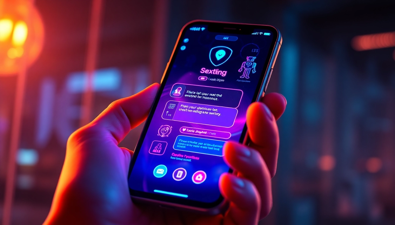 Close-up of a smartphone screen displaying a neon-themed AI sexting interface with a blurred background.