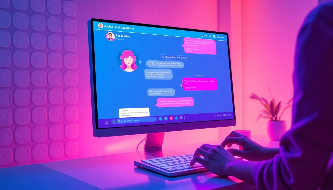 A futuristic computer screen displaying an adult AI chat conversation with a customizable character, illuminated by neon lights.