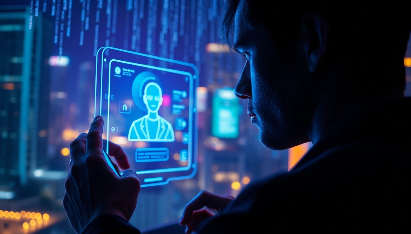 Futuristic digital interface with user interacting with AI character on holographic screen at night