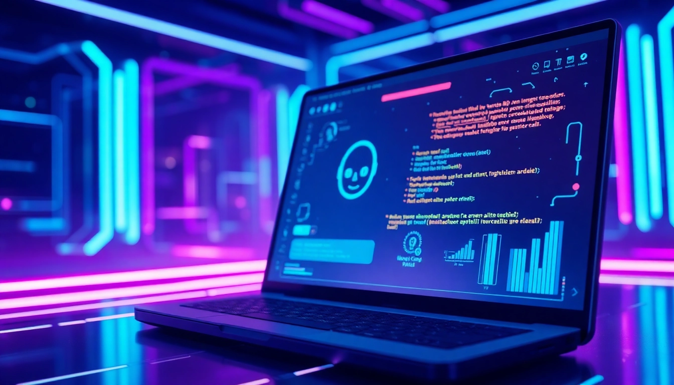 Futuristic digital scene of a chatbot interface with neon accents and AI character