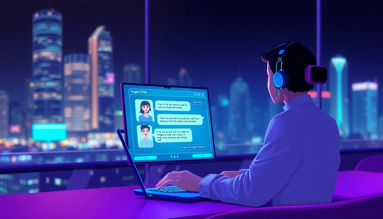 Futuristic digital illustration of a person chatting with an AI character on a sleek device, set against a neon-lit cityscape background.