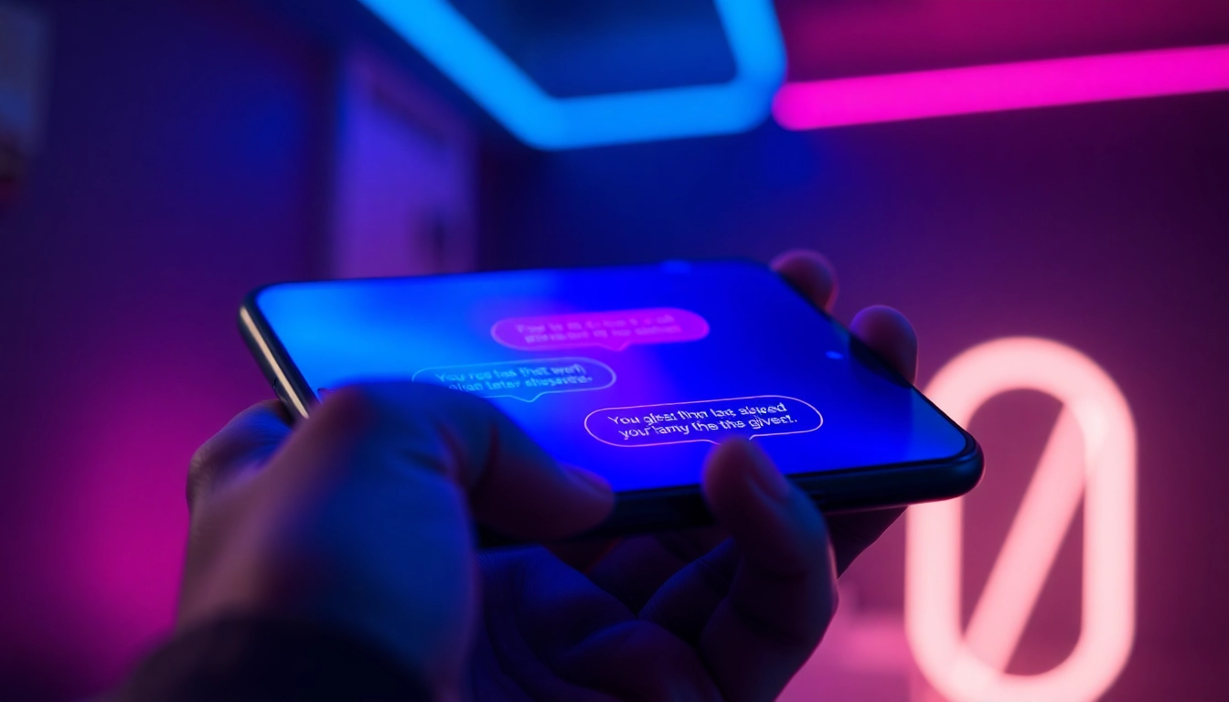 Close-up of a smartphone displaying a futuristic chat interface with glowing text bubbles in a neon-lit setting.