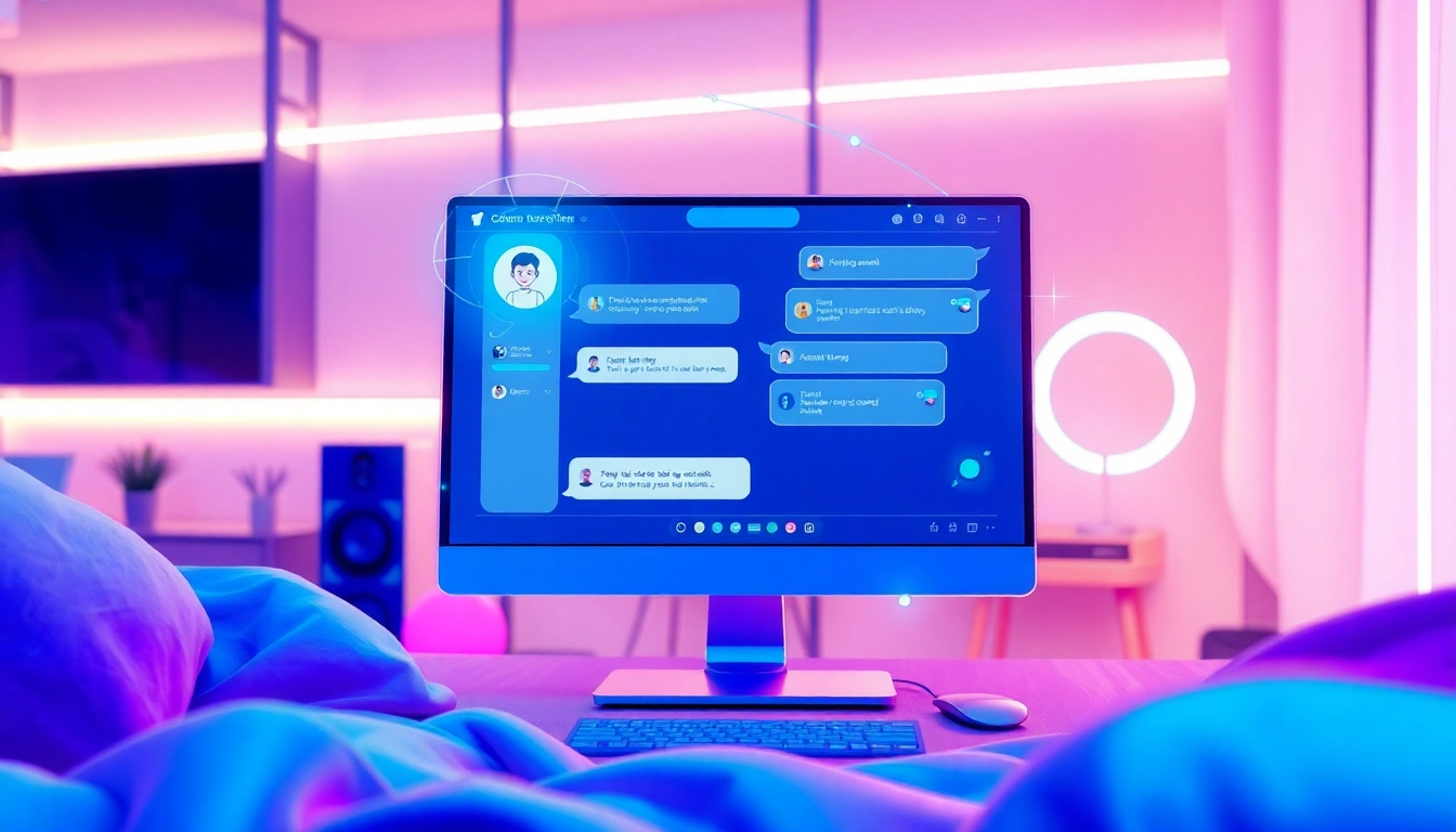 An illustration of a person chatting with an AI character on a modern device in a cozy, high-tech setting.