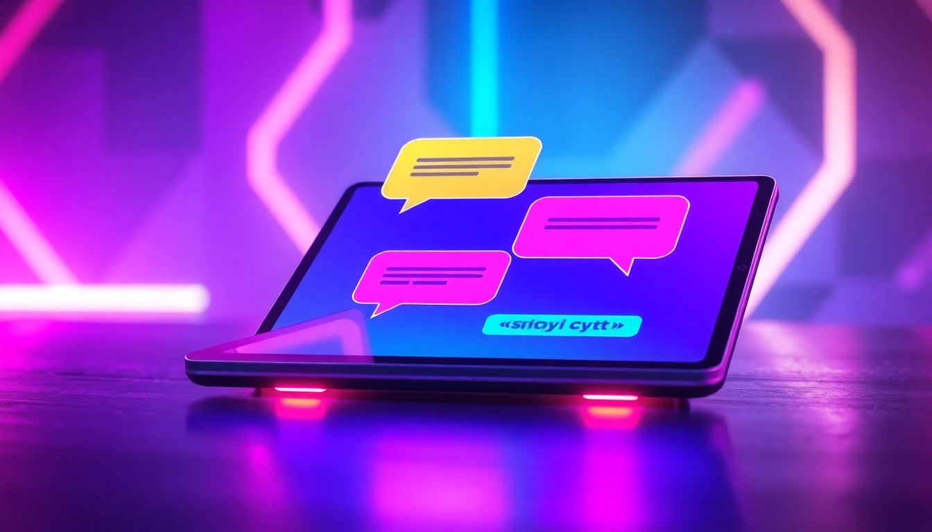 Futuristic digital chat interface with colorful speech bubbles in a high-tech environment