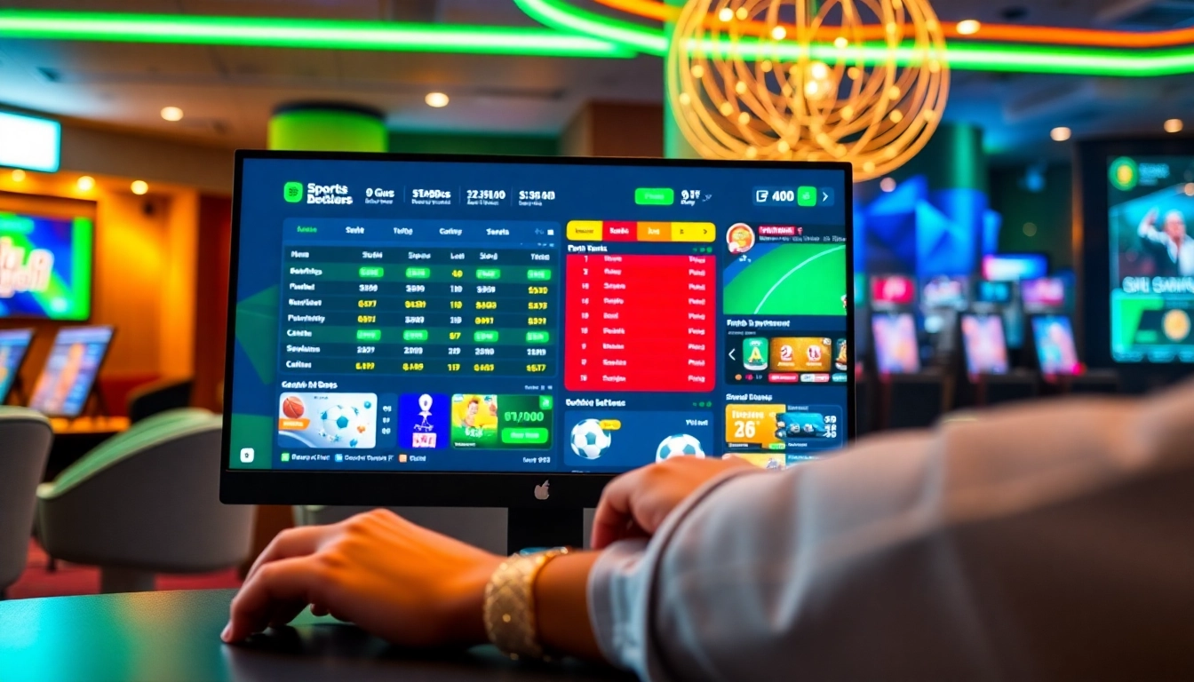 Digital sports betting platform with live casino games and vibrant graphics