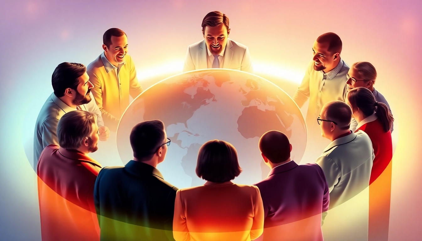 Dynamic team collaborating in a Lien minh quoc te for global growth and cooperation,