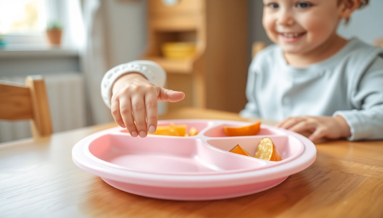 Young child using silicone divided plate for self feeding on a table, emphasizing safety and