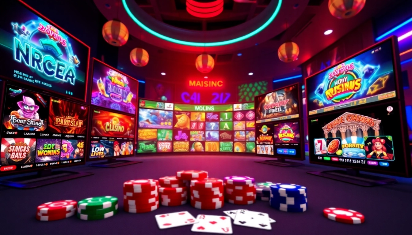 Dynamic scene of casino siteleri with colorful screens and gaming props creating an immersive